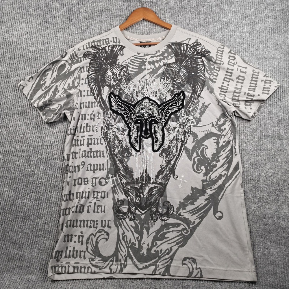 RAW BLUE All Over Print Graphic T-Shirt Mens 2XL Gray Gothic Helmet Biker Y2K